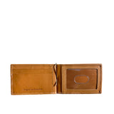 A Rogue Industries Minimalist Wallet with Money Clip in tan genuine leather with a card holder.