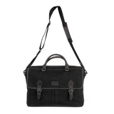 A durable black leather Rogue Industries briefcase with two straps and a leather handle.