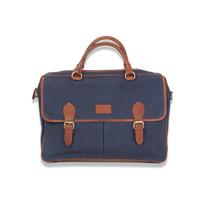 The durable navy and tan leather Rogue Industries waxed canvas laptop bag is on a white background.