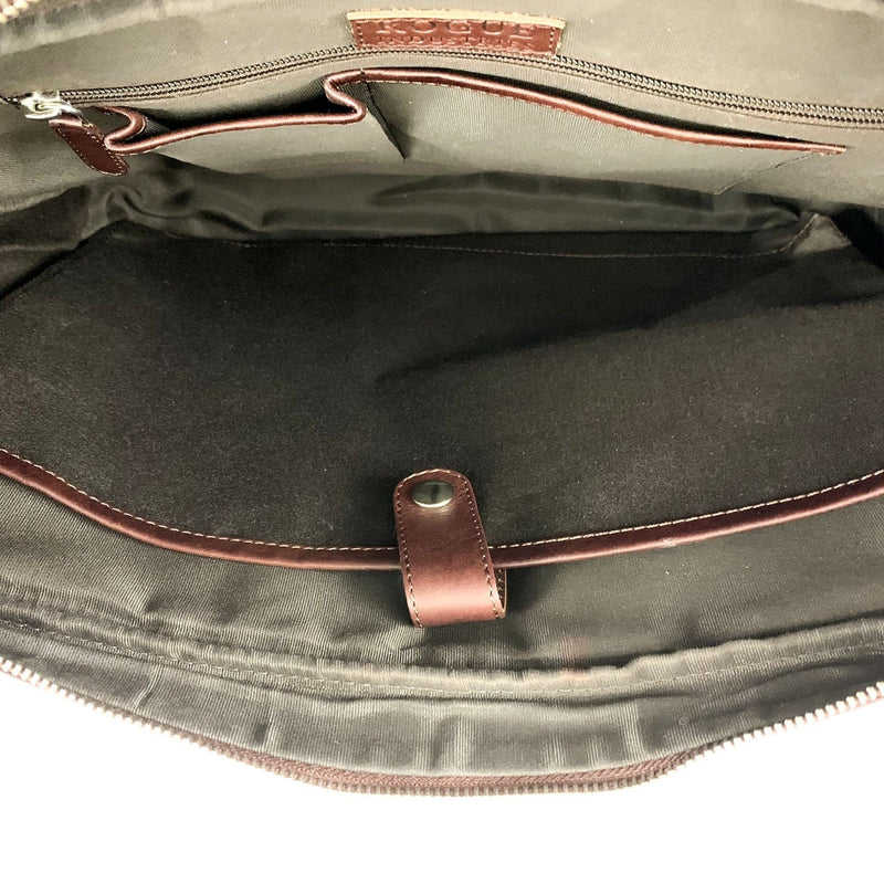 The inside of a Rogue Industries West End Slim Leather Laptop Bag.