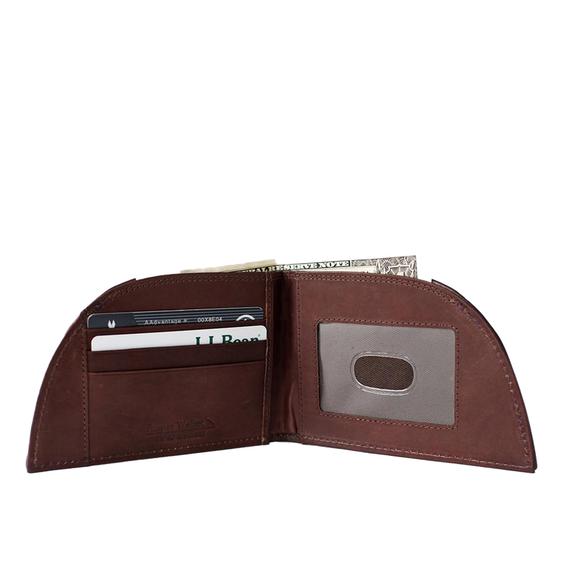 A brown, Rogue Industries Football Leather Front Pocket Wallet with a credit card in it and RFID-blocking technology.