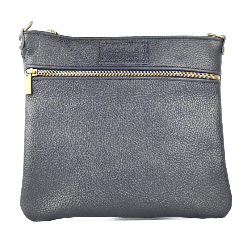 A Rogue Factory Seconds - Ellis River Crossbody Bag in Leather by Rogue Industries with a top zipper and a front zipper pocket, featuring gold-toned hardware, an adjustable strap, and a small brand logo embossed near the top.