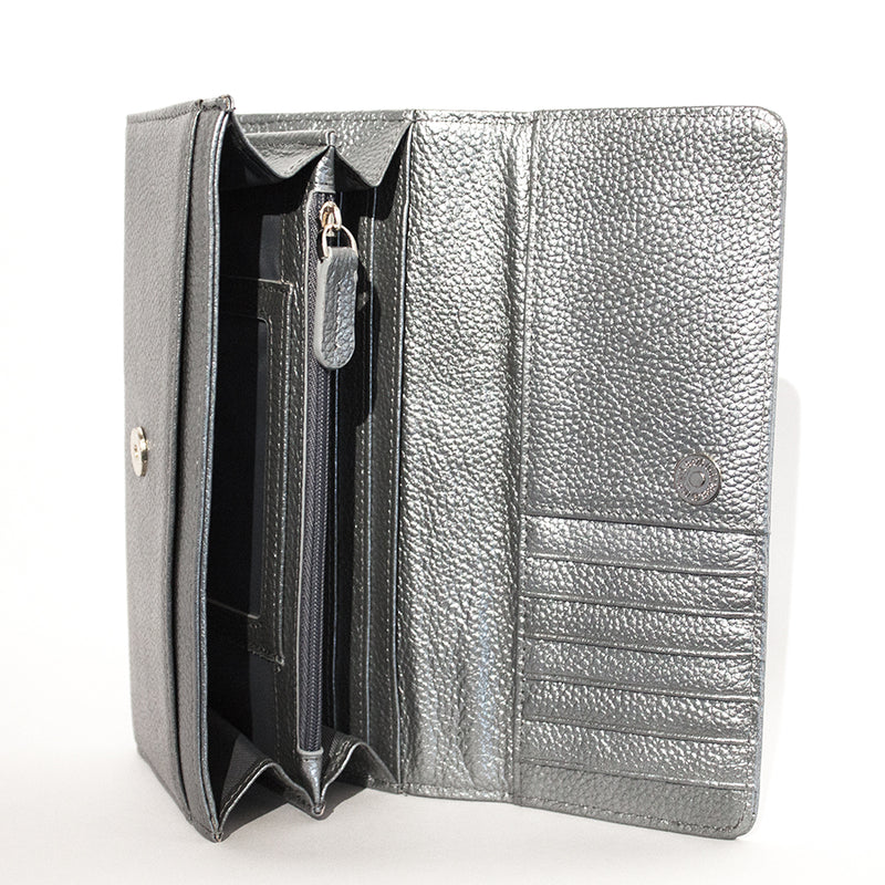 The Campobello RFID Blocking Clutch by Rogue Industries opens to show compartments, with a visible combination lock and Nappa leather texture, against a white background.