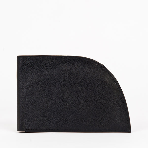 A black Rogue Front Pocket Wallet in Dry Milled Leather with a curved design, positioned upright against a plain white background.