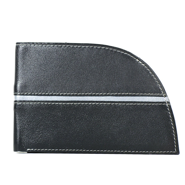 A Rogue Industries grey line front pocket wallet with white stitching and a silver stripe, crafted from genuine top grain leather, photographed on a white background.