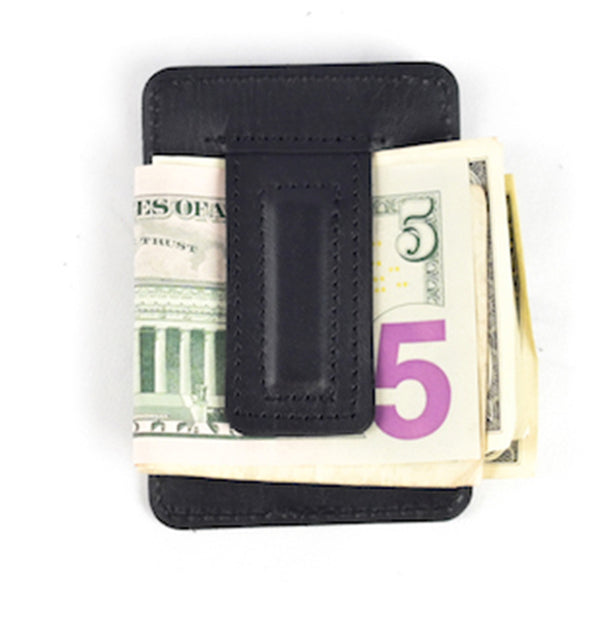 Introducing the Rogue Money Clip by Rogue Industries, a sleek wallet crafted from genuine top-grain leather, perfect for front pocket carry and capable of holding a five-dollar bill along with other currency.