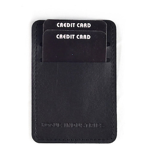 Introducing the Rogue Money Clip by Rogue Industries: a stylish black card holder crafted from genuine top-grain leather. It features two "CREDIT CARD"-labeled slots, and its compact design makes it ideal for front pocket carry, effortlessly blending functionality with style.