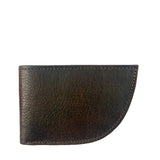 The Factory Second PREVIOUSLY EMBOSSED Made in Maine Front Pocket Wallet - BROWN by Rogue Industries, crafted from premium top grain leather and featuring a distinctive curved bottom right corner, is shown closed against a plain white background.