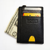 Pebbled Leather Card Case in black - back side with three card slots; cards inserted and money inserted into pocket
