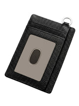 Pebbled Leather Card Case in black - front side with plastic ID slot and one card slot