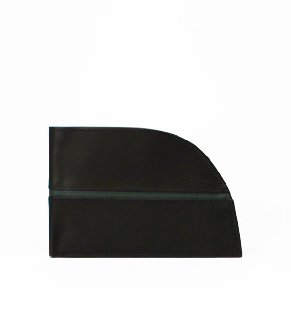 A black genuine top grain leather Rogue Front Pocket Wallet - Green Line with a curved design, placed upright against a white background.