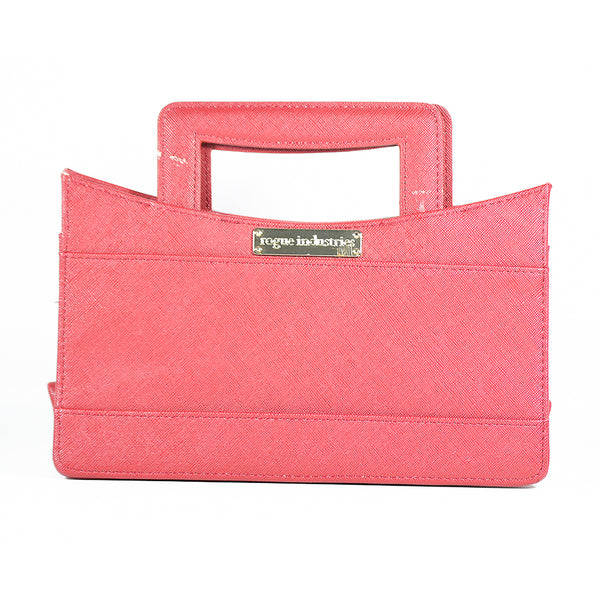 A red fabric Compact Tote Organizer with a rectangular handle, featuring a stitched diamond pattern and RFID protection, and a label that reads "Rogue Industries.