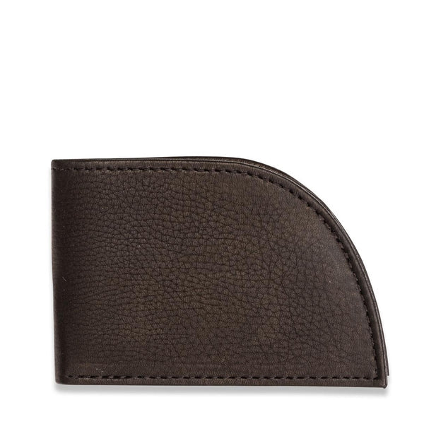 A minimalist brown leather NON-RFID Made in Maine wallet by Rogue Industries on a white background.