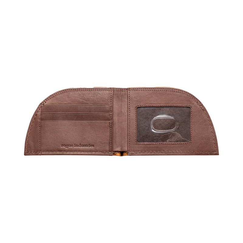 A brown Rogue Industries Football Leather Front Pocket Wallet with a card holder and RFID-blocking.