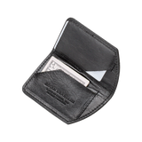 A slim, black leather Rogue Industries Minimalist Wallet with a credit card in it.