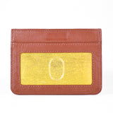 Brown Premium Weekend Card Holder - Napa Leather wallet with a clear ID window featuring a yellow card visible through it, set against a white background by Rogue Industries.