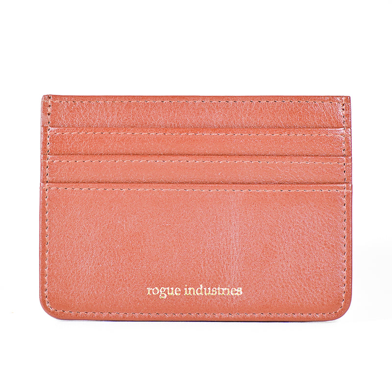 Brown leather RFID-blocking Weekend Card Holder - Napa Leather wallet with multiple slots and embossed "Rogue Industries" logo on a white background.