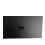 A black, premium leather box with the words Rogue Industries on it.