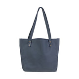 A blue Fore Street Tote Bag made of full-grain leather with a handle by Rogue Industries.