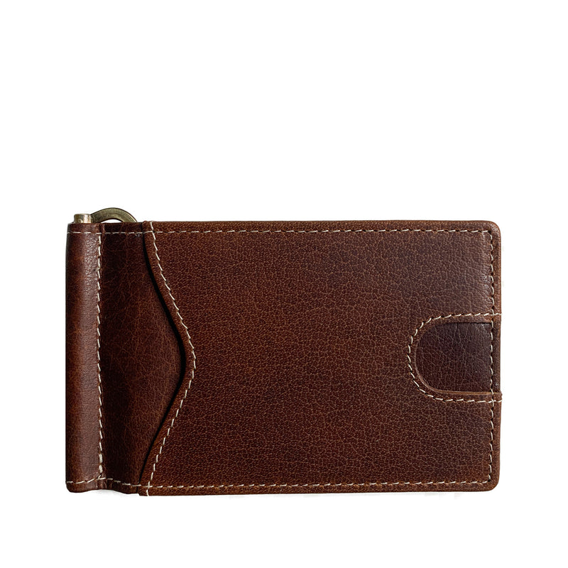 A brown genuine leather Rogue Industries Minimalist Wallet with Money Clip and zipper.